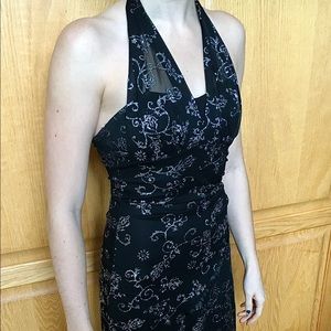 Women Formal Black Glittery High Low Halter Dress
